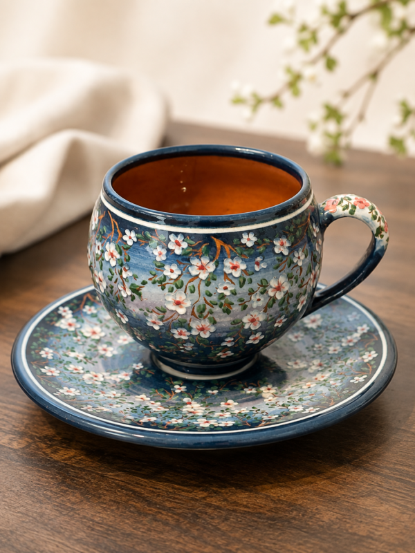 c48d6867-55ab-4df3-9bd7-4ee7033ad879 Handgemaakte Keramische Kop & Schotel – Handgegraveerd Bloemendesign | Premium Keramiek