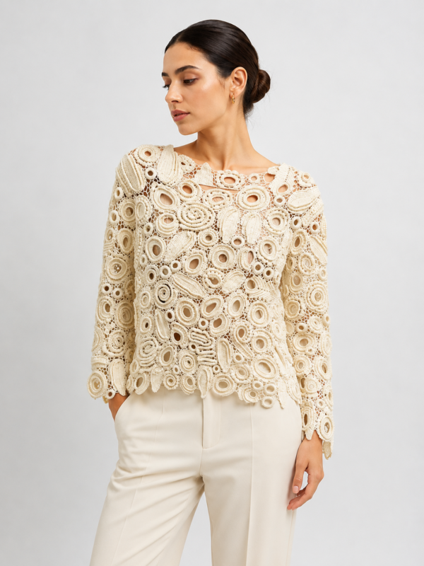 Handmade Irish Lace Crochet Top van Wol – Crème | Uniek & Exclusief