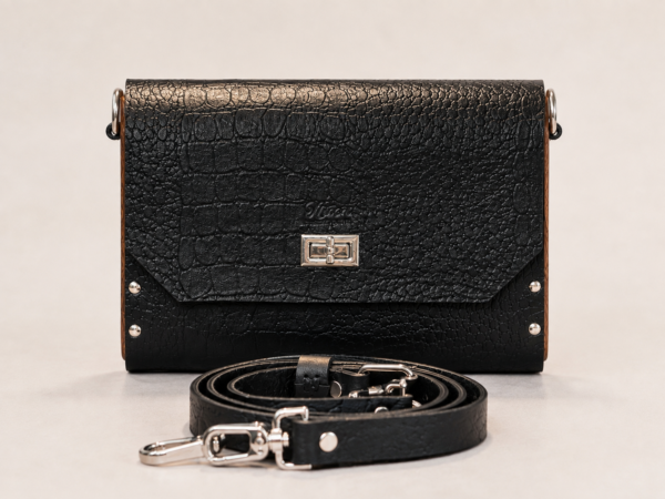 Luxury Handmade Genuine Leather Crossbody Bag with Walnut Wood Panels – Armenian Ornament Engraving – Artisan Shoulder Bag – Exclusive Designer Purse