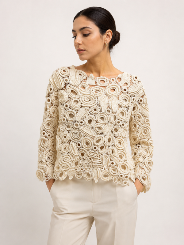 Handmade Irish Lace Crochet Top van Wol – Crème | Uniek & Exclusief