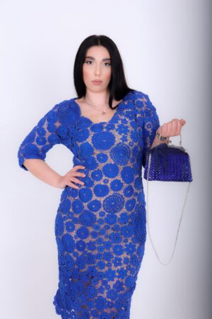 Handmade Crochet Irish Lace Jurk Blauw – Italiaanse Viscose & Katoen – Uniek & Exclusief – M–XL