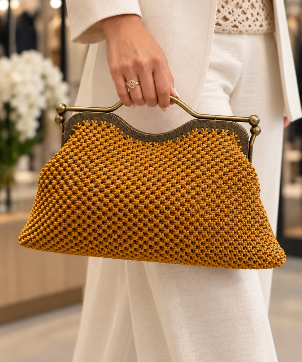 Handmade Macramé Clutch – Goudgeel met Vintage Metalen Frame
