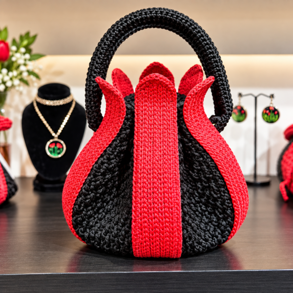 Handmade Crochet Tulip Bag Zwart-Rood – Luxe Gehaakte Schoudertas Handmade Crochet Tulip Bag Zwart-Rood | Nina’s Handwork