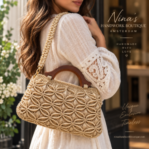 Handgemaakte Macramé Handtas Beige met Houten Frame | Unieke Dames Tas