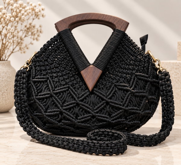 Nina’s Handmade Macramé Tas Zwart-Grijs met Natuurlijke Houten Sluiting & Rits