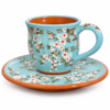 Premium Handmade Espresso Kopje met Schotel – Turquoise Bloesem Keramiek