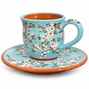 522a6342-139d-4860-b76f-b4202895146d Premium Handmade Espresso Kopje met Schotel – Turquoise Bloesem Keramiek