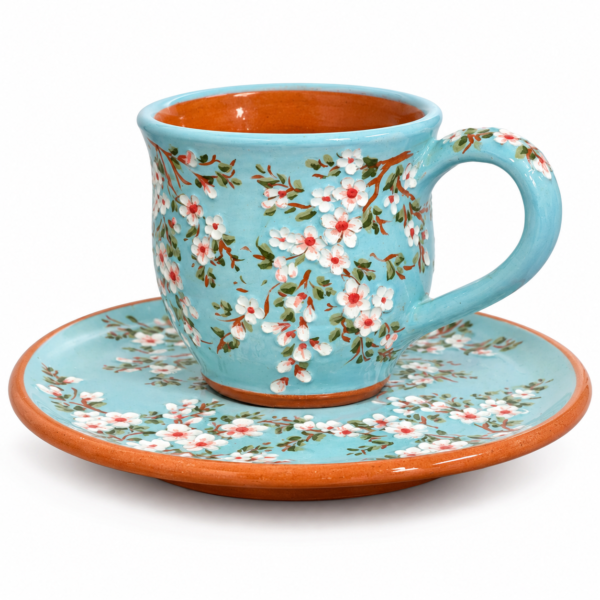 Premium Handmade Espresso Kopje met Schotel – Turquoise Bloesem Keramiek