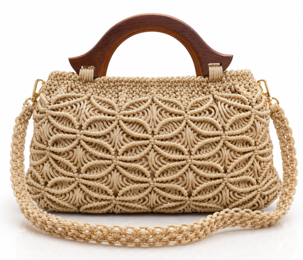 Handgemaakte Macramé Handtas Beige met Houten Frame | Unieke Dames Tas