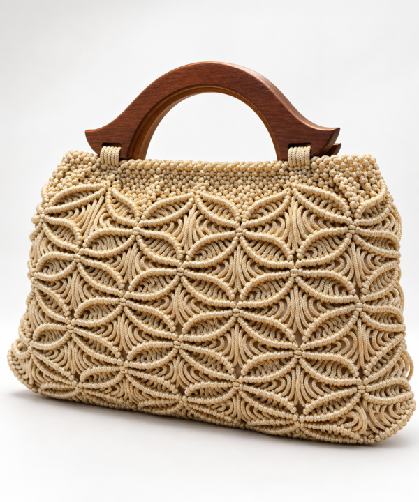 Handgemaakte Macramé Handtas Beige met Houten Frame | Unieke Dames Tas