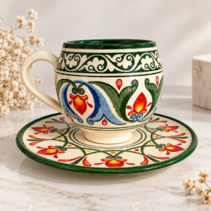 79da88fa-98d0-4823-8569-0a23f03ee1c1 Handgemaakte Keramische Kop met Schotel – Handbeschilderd Groen & Blauw/Handgemaakte Keramische Kop met Schotel | Handbeschilderd