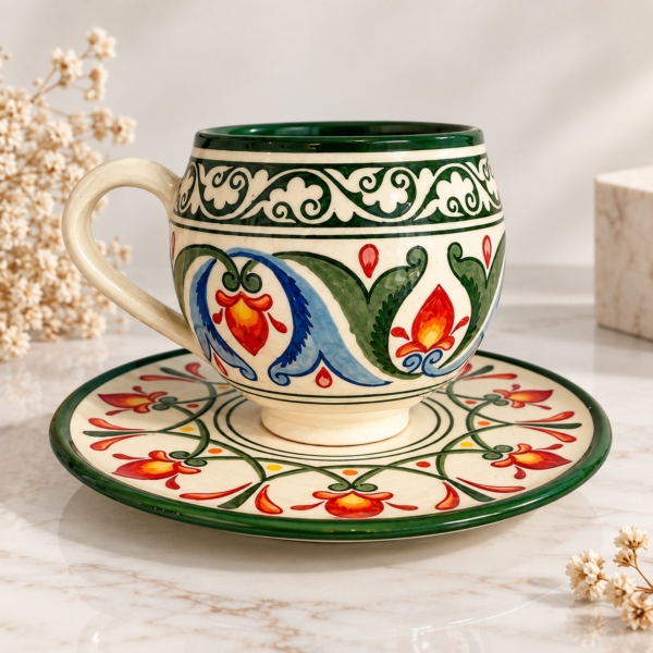 79da88fa-98d0-4823-8569-0a23f03ee1c1 Handgemaakte Keramische Kop met Schotel – Handbeschilderd Groen & Blauw/Handgemaakte Keramische Kop met Schotel | Handbeschilderd