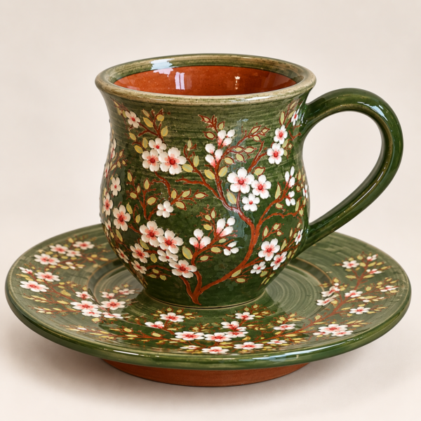 80442ca2-3969-4863-a5cb-7bde1c5993f2 Cherry Blossom β Premium Handgemaakt Keramiek Kopje met Schotel | Handgegraveerd & Handbeschilderd