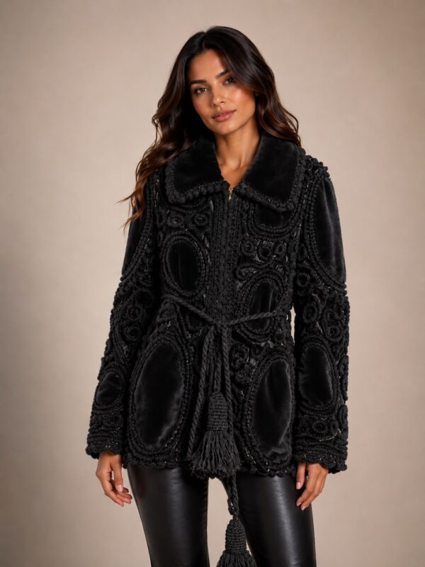 926858eb-85cb-4625-b266-f10d9eb2a108 Exclusive Handmade Crochet Wollen Jas Zwart/Grijs – Faux Fur Details – M t/m XL