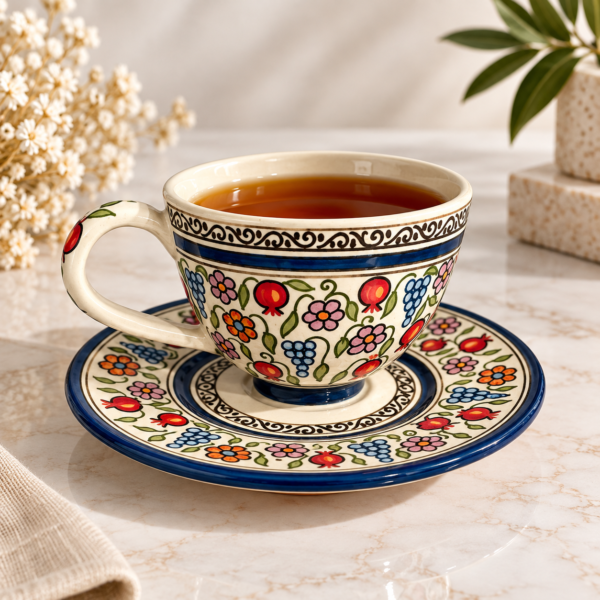92c2e974-8e16-476e-a509-c50fe38d2314 Handgemaakte & Handbeschilderde Keramische Theekop met Schotel – Floral & Pomegranate Design/Handbeschilderde Keramische Kop & Schotel | Nina’s Amsterdam