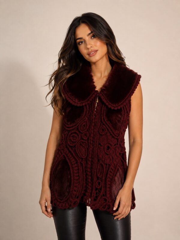 Handmade Irish Lace Crochet Gilet-Jas Bordeaux – Vegan Faux Fur | Luxury Amsterdam