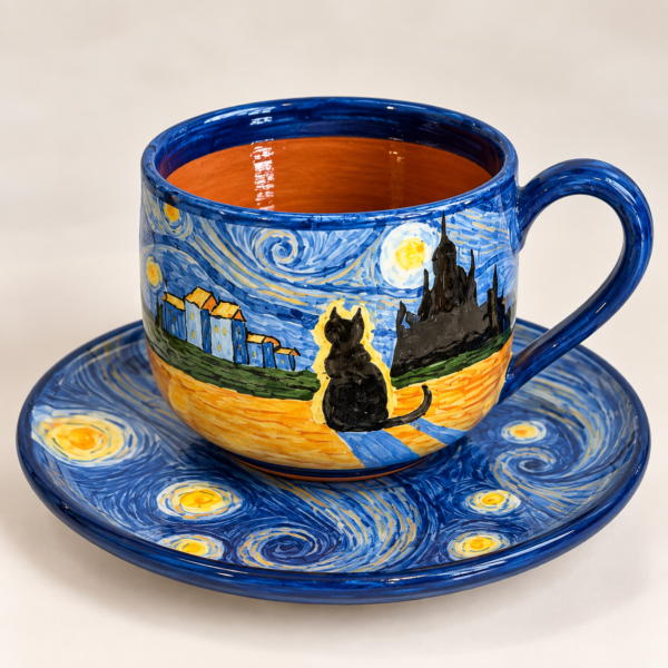 Handgeschilderd Van Gogh Koffiekopje met Schotel – Premium Keramiek