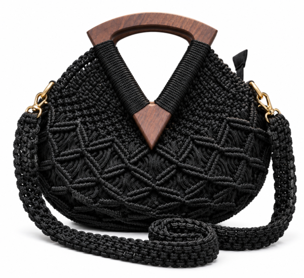 Nina’s Handmade Macramé Tas Zwart-Grijs met Natuurlijke Houten Sluiting & Rits