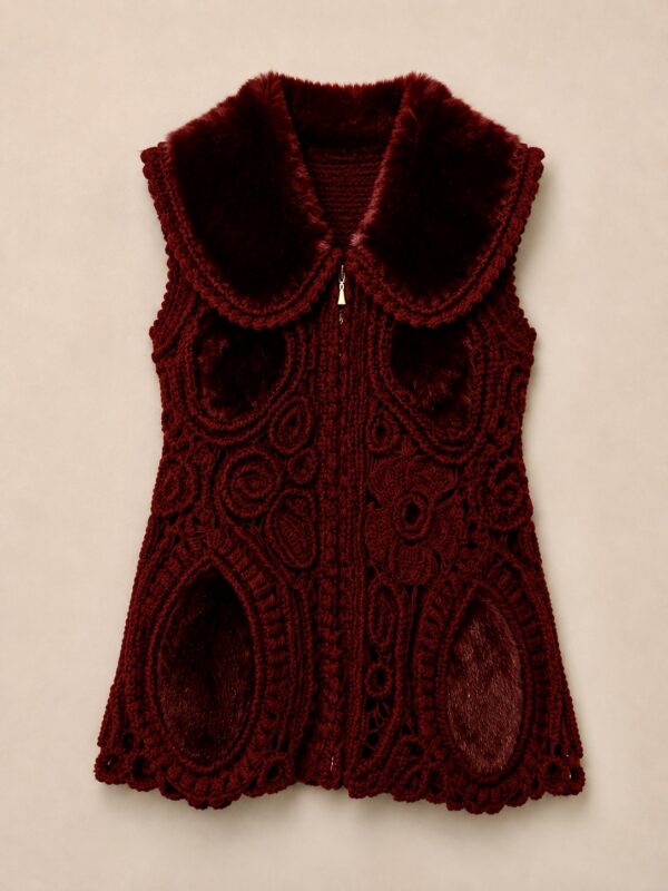 Luxe Handmade Irish Lace Crochet Gilet met Max Mara Faux Fur – Bordeaux maat S tot L