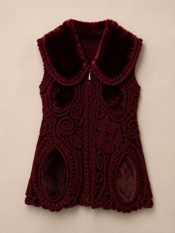 Handmade Irish Lace Crochet Gilet-Jas Bordeaux – Vegan Faux Fur | Luxury Amsterdam