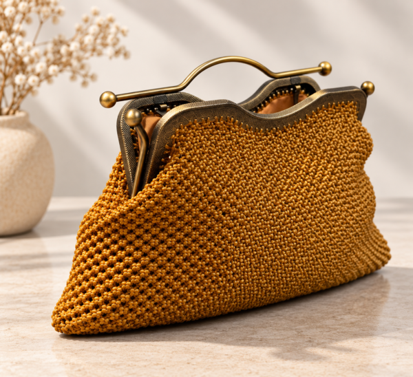 Handmade Macramé Clutch – Goudgeel met Vintage Metalen Frame