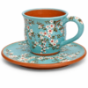 Premium Handmade Espresso Kopje met Schotel – Turquoise Bloesem Keramiek