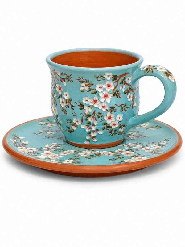 Premium Handmade Espresso Kopje met Schotel – Turquoise Bloesem Keramiek