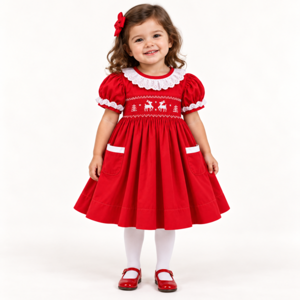 4980f712-43f8-4737-a2df-d0fda643e065 Rode kerstjurk voor meisjes met handgeborduurd smockwerk en rendieren