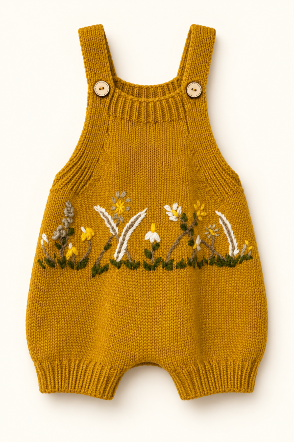 64f58622-b748-4899-8899-aa68fbcfc89e Handgebreid baby tuinbroekje met bloemenborduurwerk – Okergeel