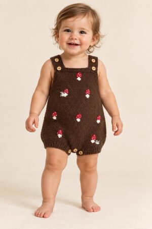 b3a63cfa-3ce4-42b6-a4b5-8df7d9eb7d3c Handgemaakt babyrompertje met vest van merinowol – Bruin met paddenstoeltjes – 3–12 maanden