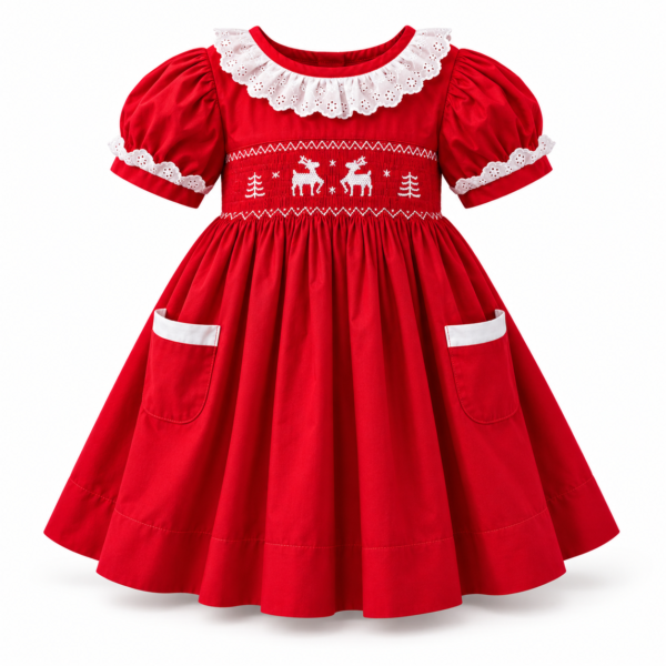 e4cfa86e-ae9d-4377-a1a9-8e34b76aad00 Rode kerstjurk voor meisjes met handgeborduurd smockwerk en rendieren